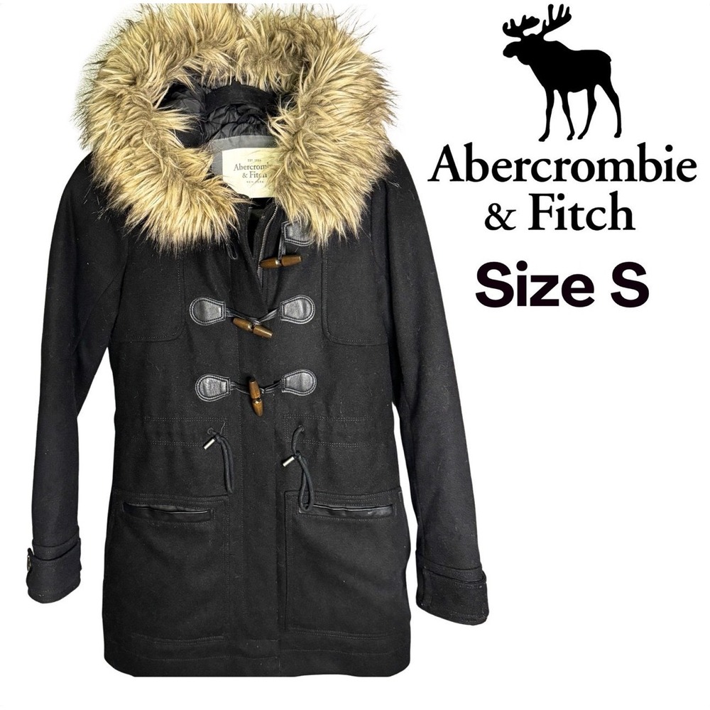 Abercrombie & Fitch Wool Duffle Coat Womens S Black Faux Fur Hood Toggle Jacket